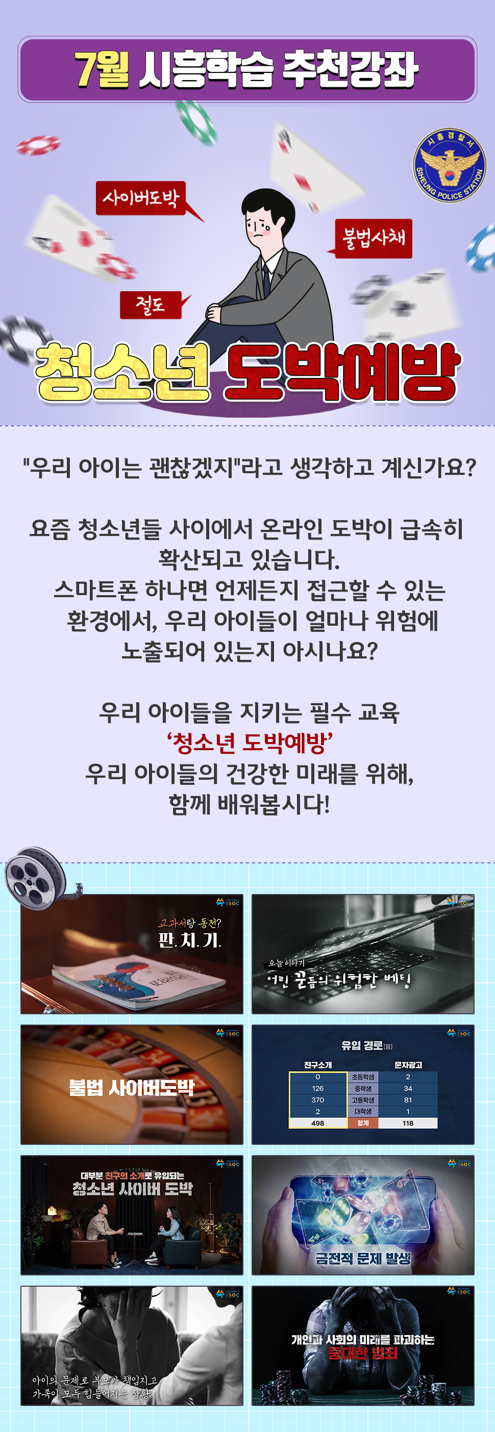 <7월 시흥학습 추천강좌> "우리 아이는 괜찮겠지"라고 생각하고 계신가요?  요즘 청소년들 사이에서 온라인 도박이 급속히 확산되고 있습니다. 스마트폰 하나면 언제든지 접근할 수 있는 환경에서, 우리 아이들이 얼마나 위험에 노출되어 있는지 아시나요?  우리 아이들을 지키는 필수 교육 ‘청소년 도박예방’ 우리 아이들의 건강한 미래를 위해, 함께 배워봅시다!